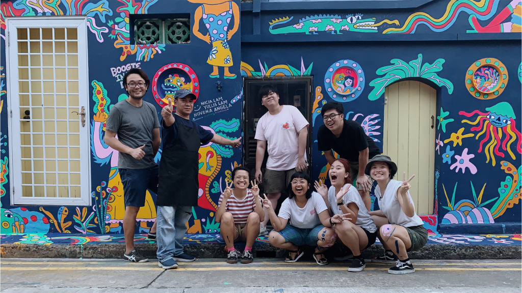 Wall Mural Singapore, Boogie in the Dark at Kandahar Street, pictured with friends