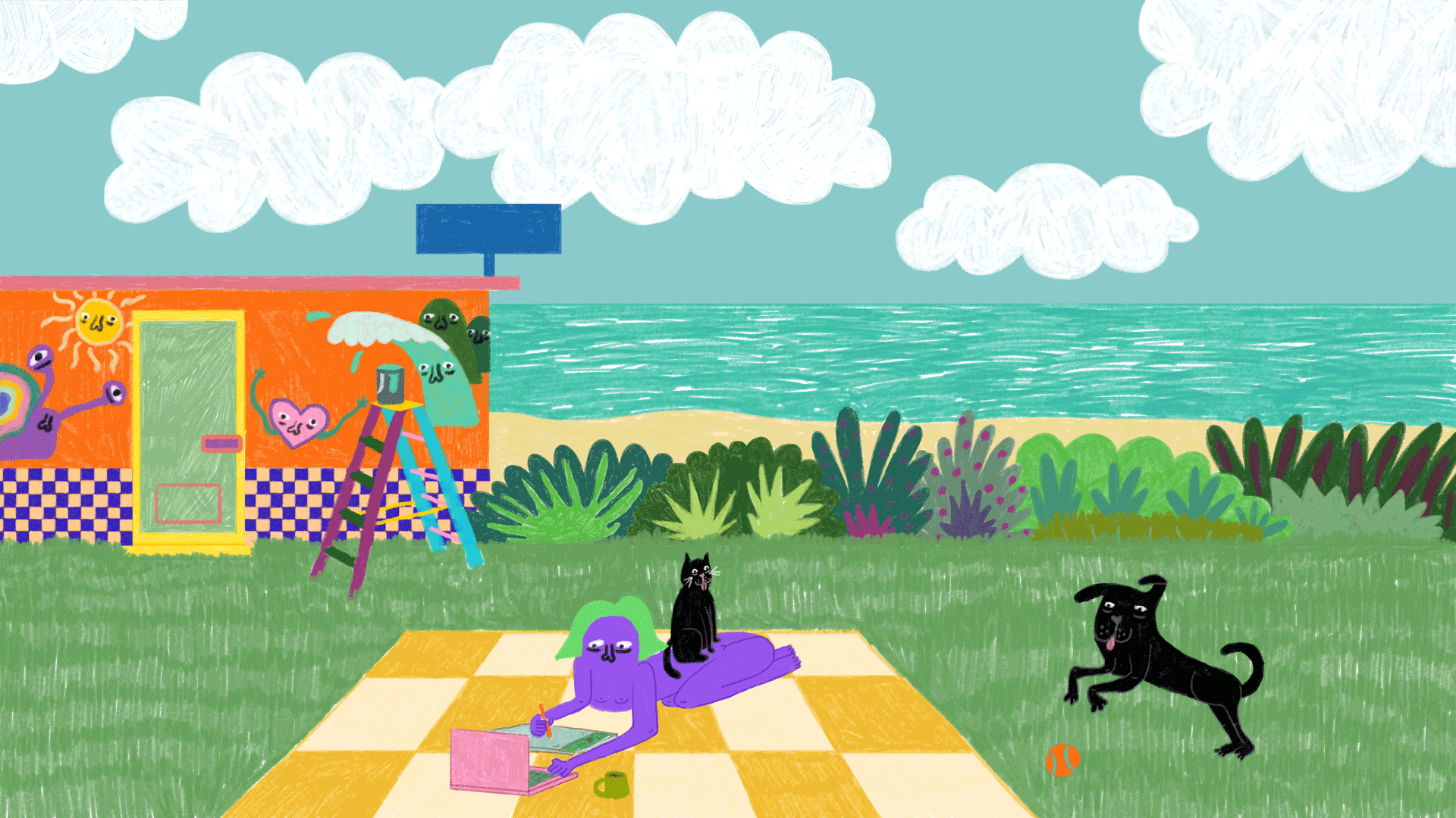 Animated GIF by Nicia Lam / Wontonicia, illustration of orange store front, fluffy clouds in the background, the beach. Nicia Lam on a picnic mat.