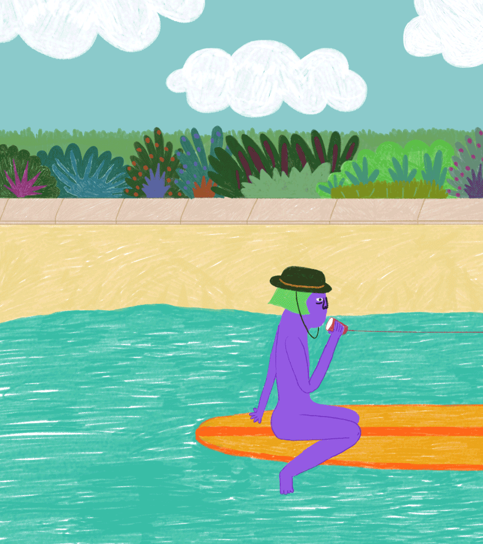 Animated GIF by Nicia Lam / Wontonicia, on surf board with paper cup phone