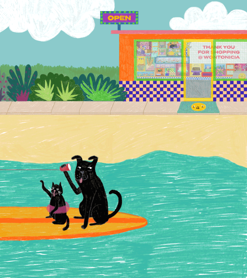 Animated GIF by Nicia Lam / Wontonicia, on surf board with paper cup phone